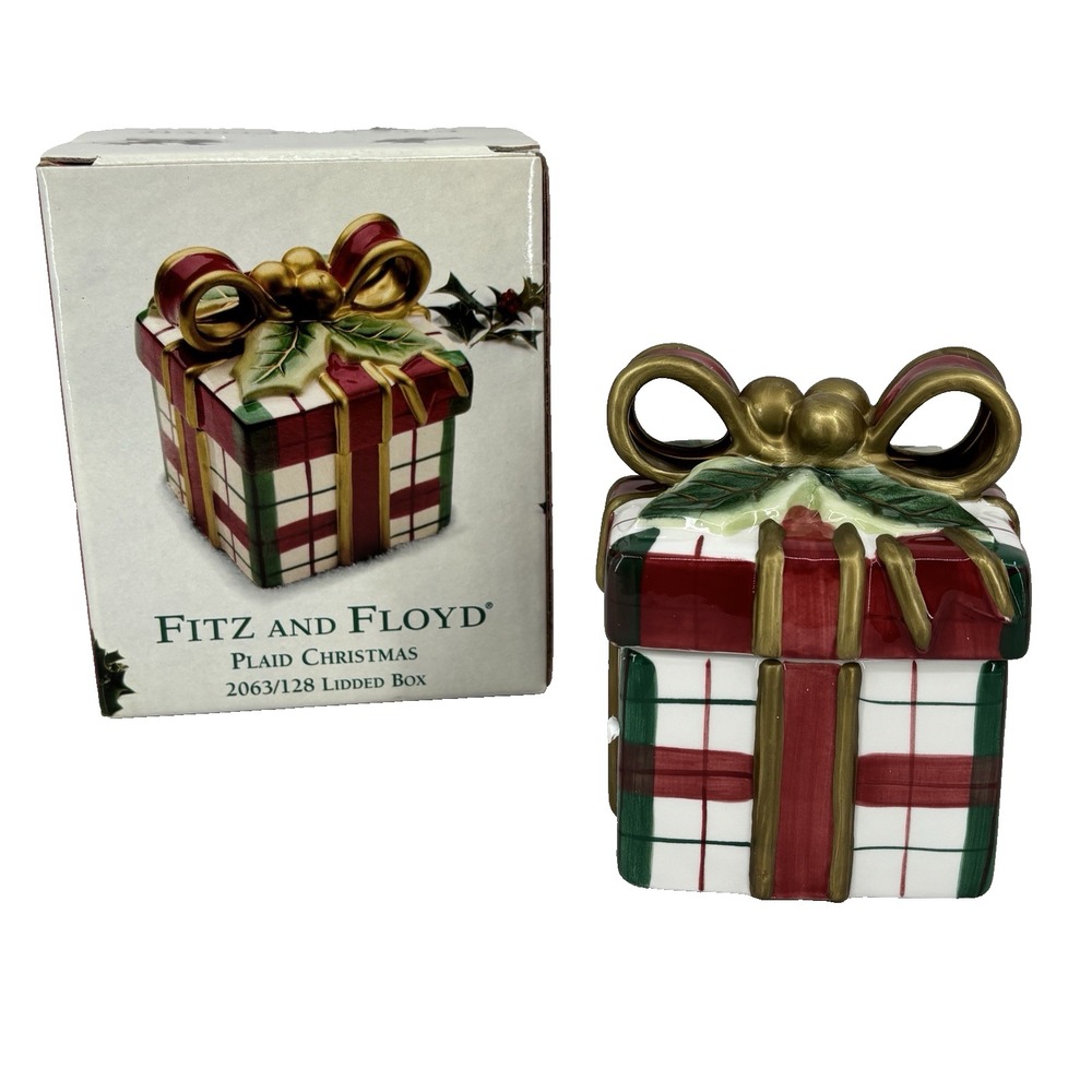 Fitz And Floyd Plaid Christmas Lidded Box Trinket Present Decoration Bow Ceramic